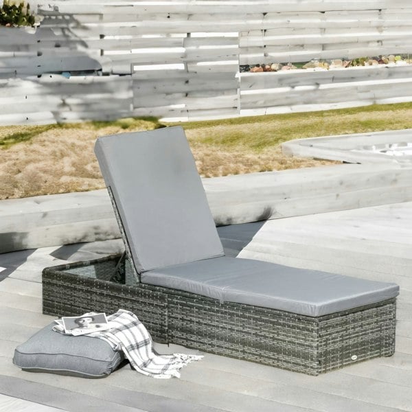 Rafaelo Mobilia Rattan Sun Lounger For Garden Reclining Deck Bed With Cushion Grey
