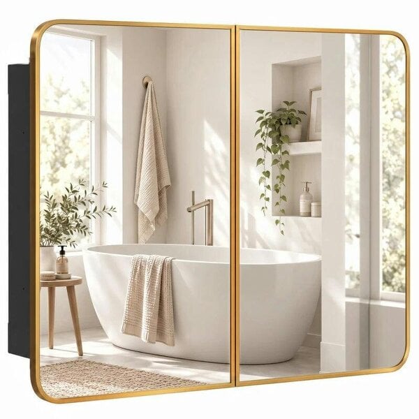 76.2 x 11.6 x 61 cm Bathroom Mirror Cabinet, Wall Cabinet with Adjustable Shelves, Wall-Mounted or Recessed, Gold Tone