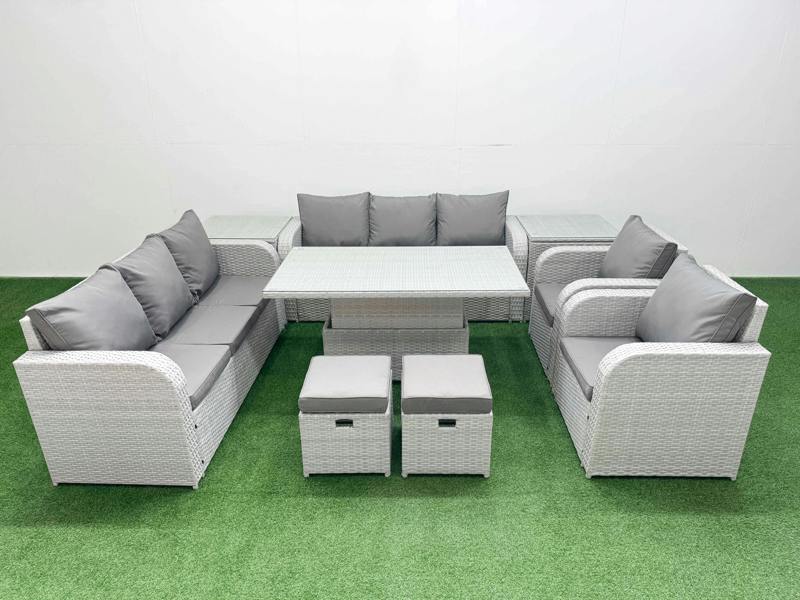 Fimous PE Rattan High Back Wicker Set, Adj Height Table, 3 Seater Sofa, Reclining Chair, Stools and 2 Side Tables, Light Grey