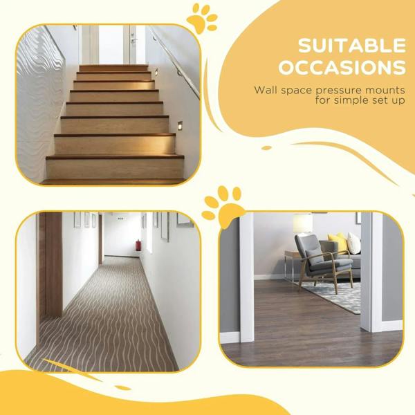 White pressure-mount dog gate shown for stairs and hallway openings
