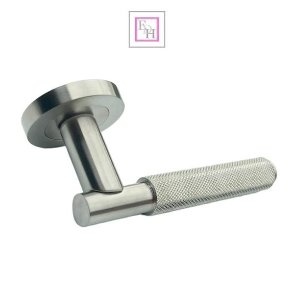 EDH Door Hardware Satin Nickel Knurled Door Handles on Round Rose – Modern Internal Lever Handle