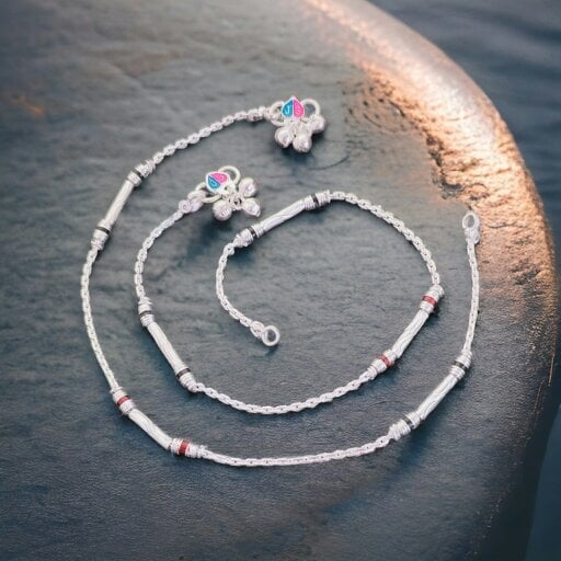 The Colourful Aura Red Enamel Pipe Silver Plated minimalistic Asian Indian Payal Anklet