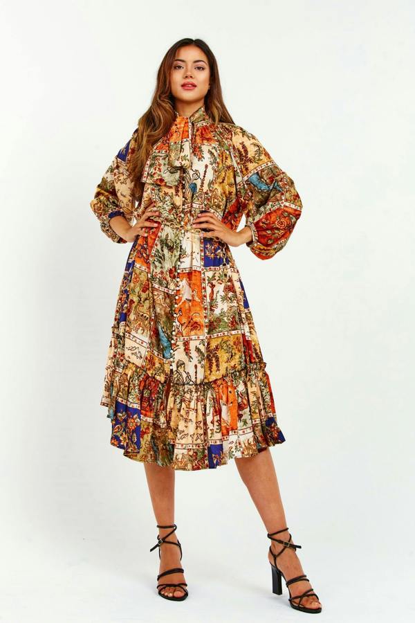 LuvForever Oriental Print Ruffle Midi Dress