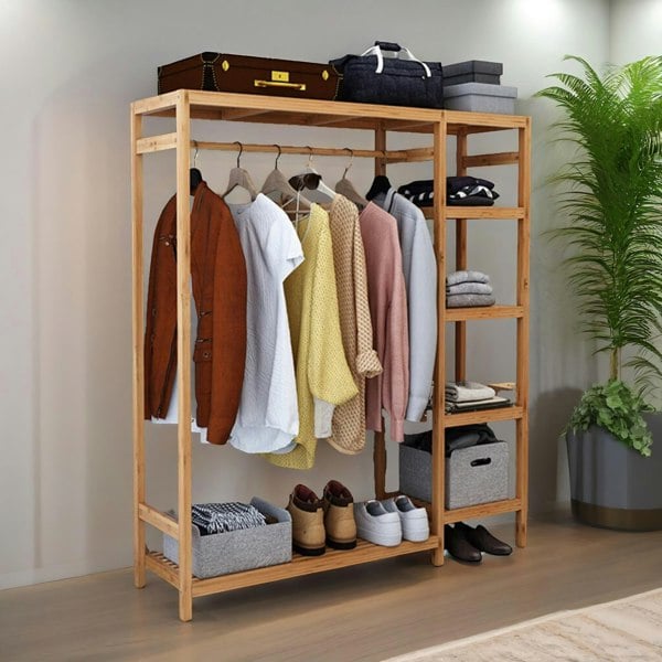 Rafaelo Mobilia Natural Wooden Bamboo Clothes Rail With 5 Shelves Open Wardrobe Garment Rail Garment Rack