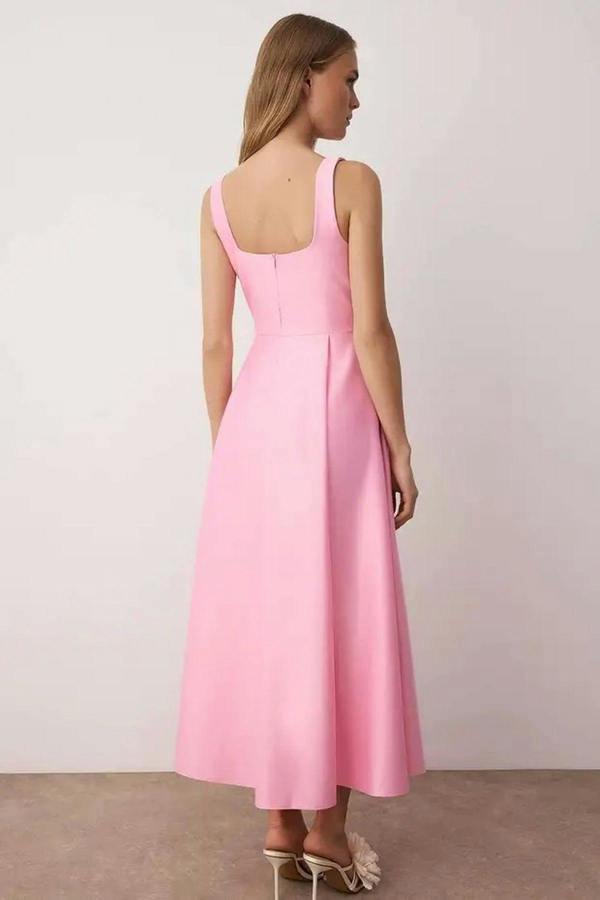 Square Neck Thick Strap A-Line Satin Maxi Dress