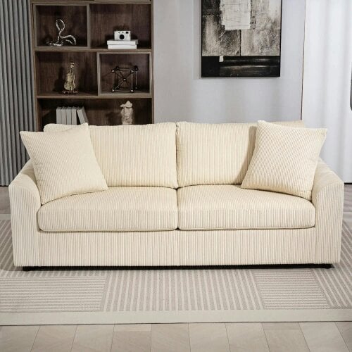Bobobiy Modern 3 Seater Sofa with Spring Cushion, 212 cm Fabric Jumbo Cord Sofa Couch with 2 Scatter Cushions, Cream White