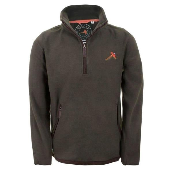 Front view of the Rydale Men's Gransmoor Half Zip Fleece in olive green with half zip fastening, zipped pockets and embroidered pheasant detail.