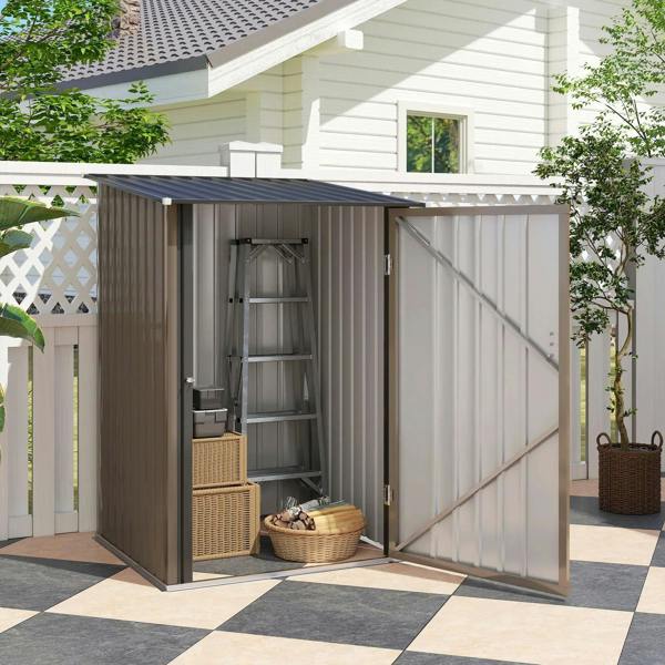 Lean-to steel garden shed with open door, interior shelf area and brown-gray paneling.