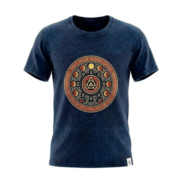 Blue T-shirt with circular chest graphic and crew neck, short sleeves