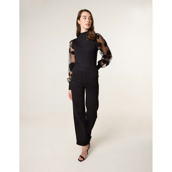 Blue Vanilla Turtle Neck Jumper With Mesh Polka Dot And Flower Detailed Sleeves