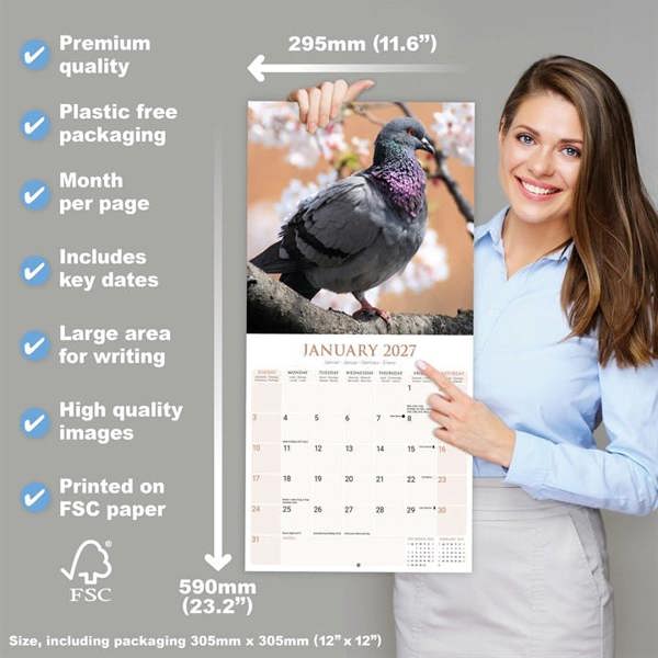 Pigeons Calendar 2027, Wall Calendars, Month To View, Animals, Gift