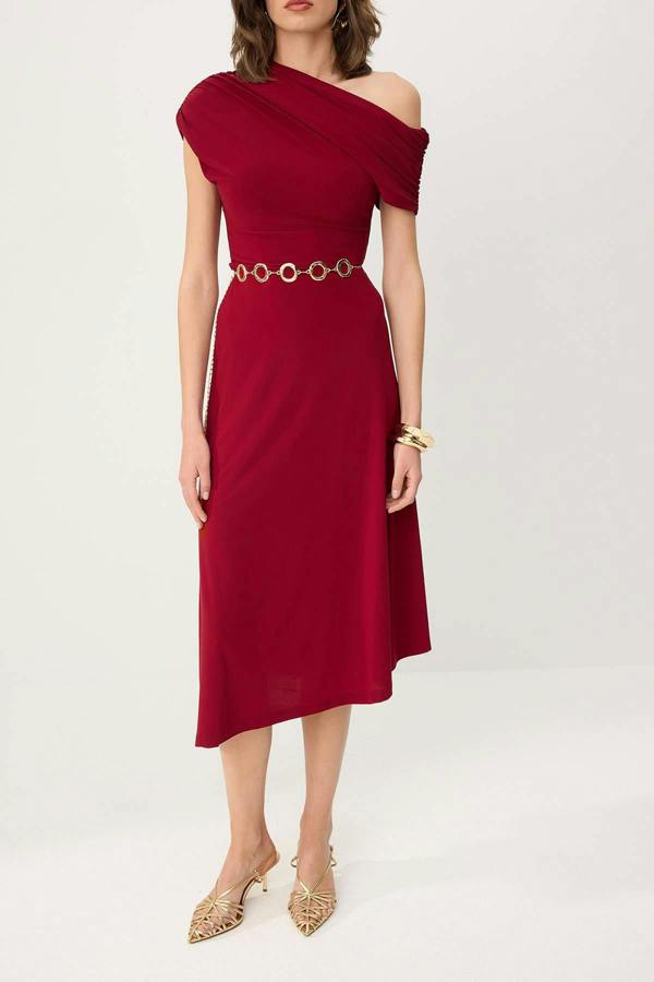 WOVCOR Off Shoulder Ruched Sleeve Chain Belt Midi Party Dress