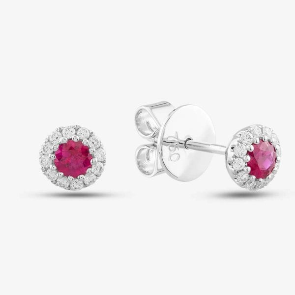 T. H. Baker 18ct White Gold Brilliant Cut Ruby & Diamond Halo Stud Earrings 36845G1