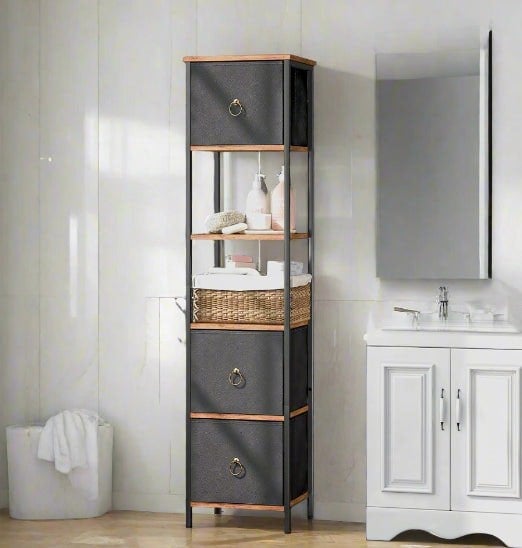 Modcraft Tall Narrow Corner Storage Cabinet – 3 Fabric Drawers & 2 Open Shelves, Slim Bathroom Unit