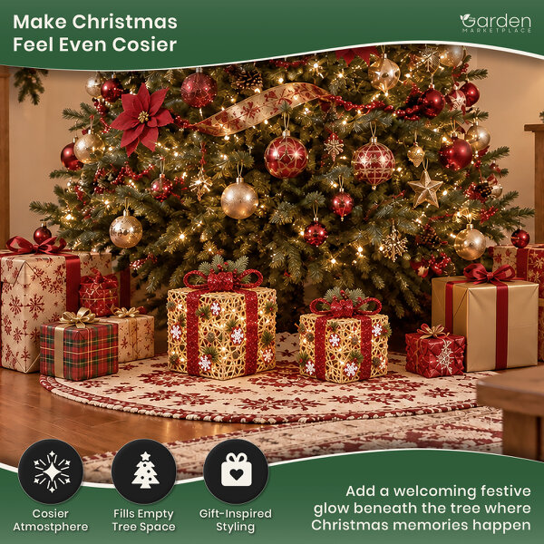 Set of 2 Light Up Gold Rattan Christmas Parcels with Red Bows, 25 White LED Lights, Battery Powered Chain Decoration for Tree or Fireplace Display