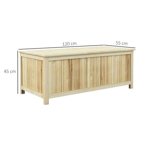Natural wooden outdoor storage box with hinged lid closed, front view