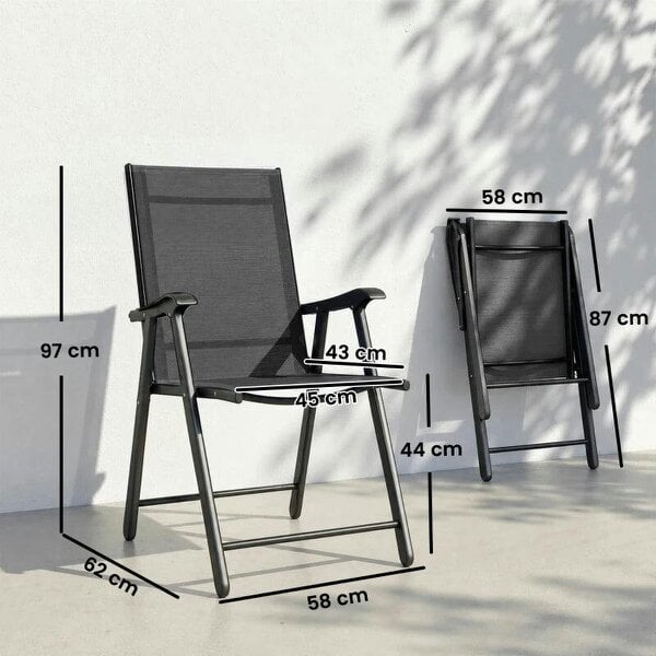 Folding Garden Chairs Set of 2, Foldable Garden Dining Chairs with High Back, Armrests, Texteline Seat, Black