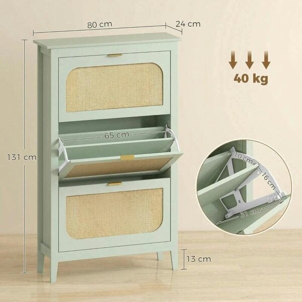 Bobobiy Narrow Shoe Cabinet, Boho Slim Shoe Storage Cabinet with 3 Flip Drawers, Holds 21 Pairs, Light Green