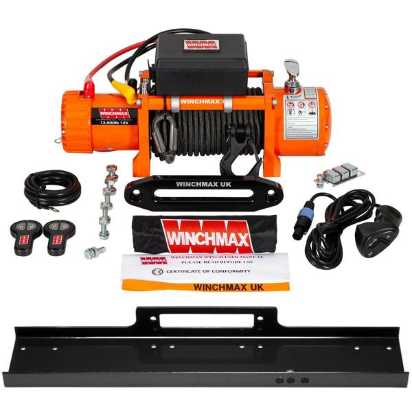 Winchmax 13,500lb 12V Electric Winch Mounting Plate 15 m x 10 mm Armourline Rope 3/8 inch hook