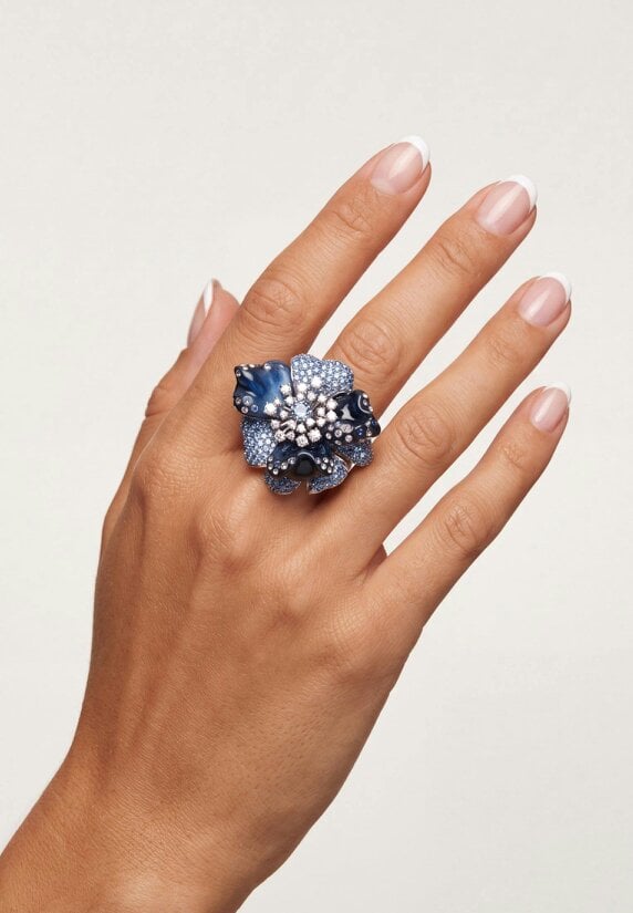 Latelita Blue Orchid Flower Cocktail Ring Silver