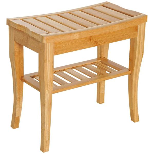 Natural wood 2-tier slatted shower bench with stacked shelves and four sturdy legs.