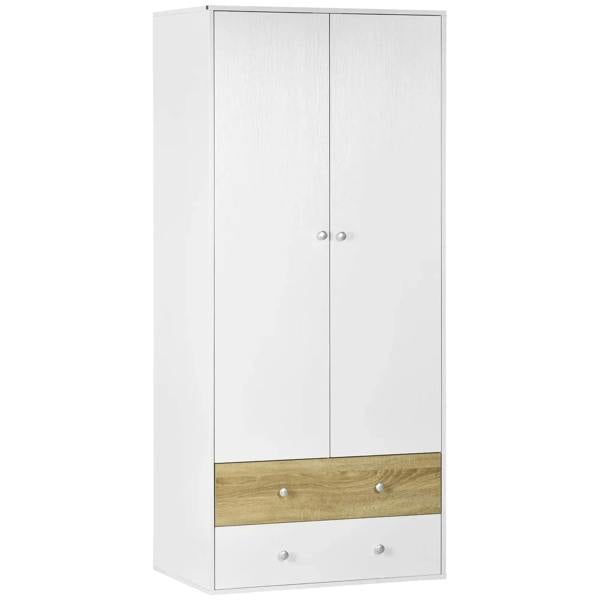 White 2-door wardrobe with two drawer fronts and round metal knobs