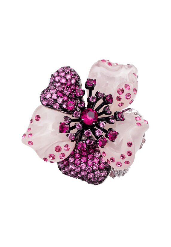 Latelita White Jade Ruby Rose Flower Cocktail Ring Silver
