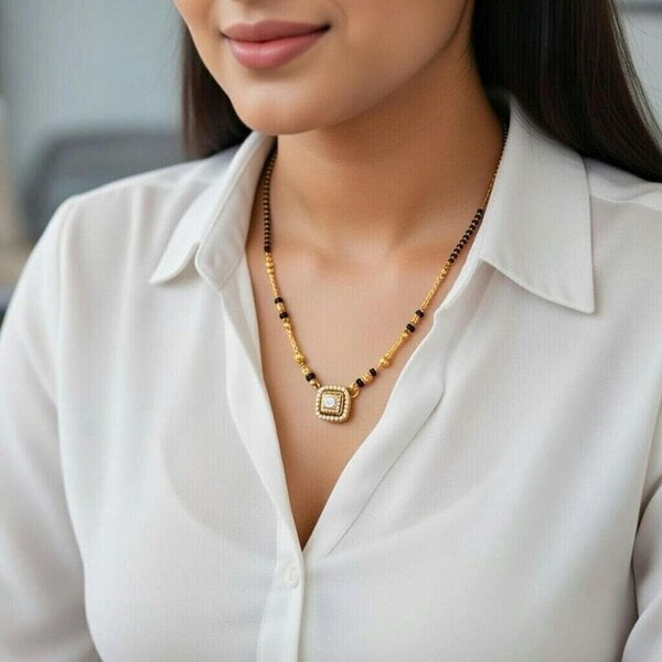 The Colourful Aura Square Solitaire Charm Black Beaded 18ct Gold Plated Mangalsutra Necklace