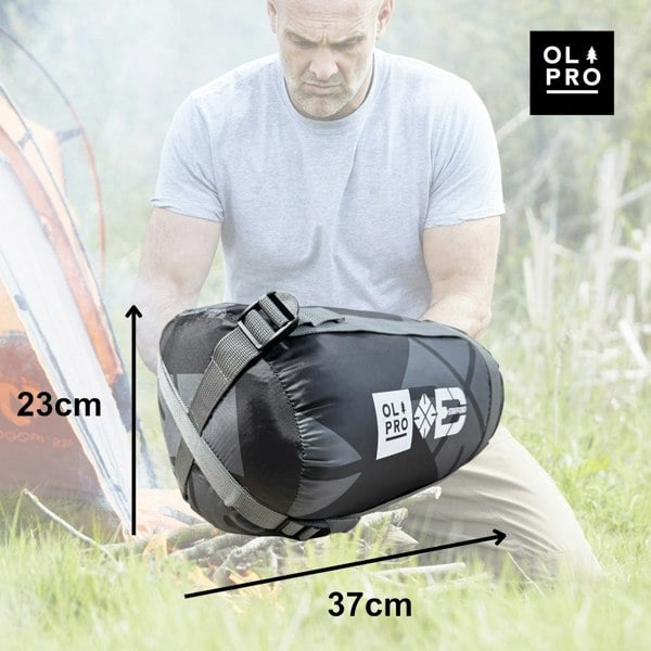 An info graphic depicting the packed dimensions of the OLPRO X Stafford sleeping bag with Ed Stafford as the background.