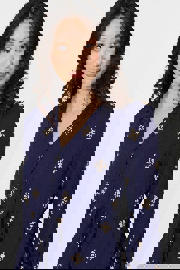 Navy | Border Print Long Sleeve Midi Dress
