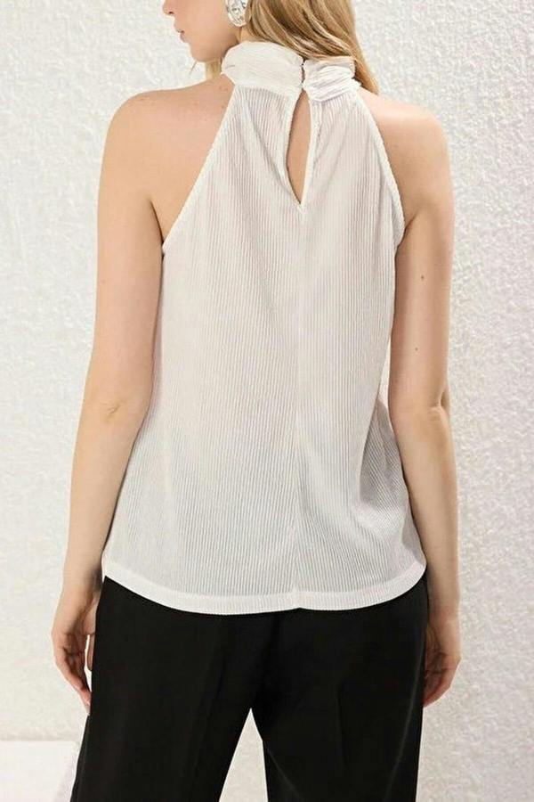 WOVCOR Stand-Up Collar Pleated Stretch Knit Blouse