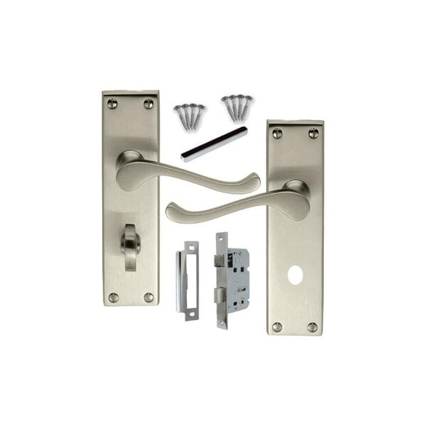 EDH Door Hardware Victorian Style Satin Bathroom Door Handle with Privacy Lock+Bathroom SASH Lock, 2 pairs