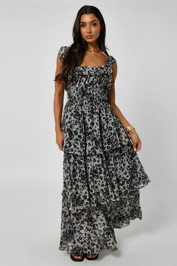 Urban Bliss Grey Leopard Tiered Midaxi Dress with Ruffles