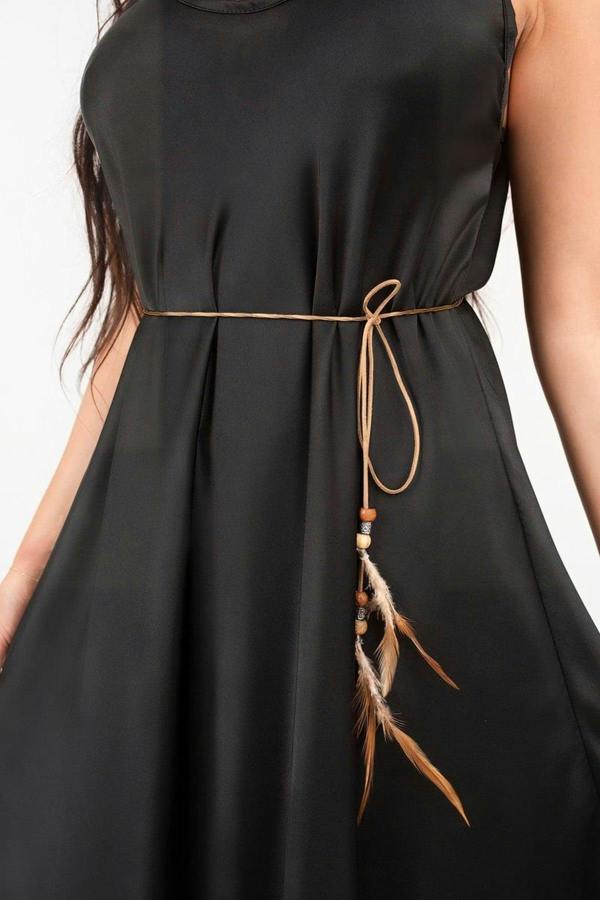Liora Strappy Maxi Dress With Feather Tie Waist - Black