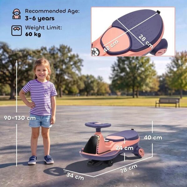 12V Electric Wiggle Car, 2-In-1 Kids Ride On Toy with 2 Speeds, Soft Start, PU Wheels, RGB Lights, Up to 60 kg, Pink