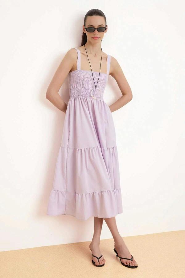 Ruched Square Neck Thick Strap A-Line Maxi Dress