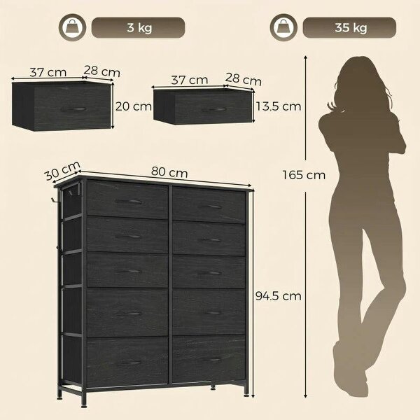 Chest of Drawers, Dresser with 10 Fabric Drawers, Tall Storage Unit with 4 Pockets and 2 Hooks Steel Frame, Black