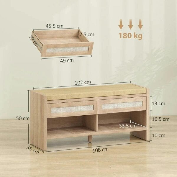 Boho Shoe Bench with 2 Rattan Drawers, Shoe Storage Bench with Cushioned Seat and Open Shelf Oak Wood Effect