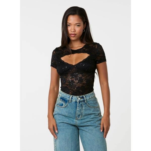 Pink Vanilla Sequin Lace Cutout Tee