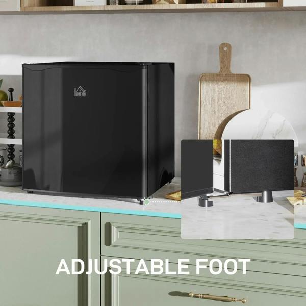 Black mini fridge with adjustable foot, shown with close-up base support