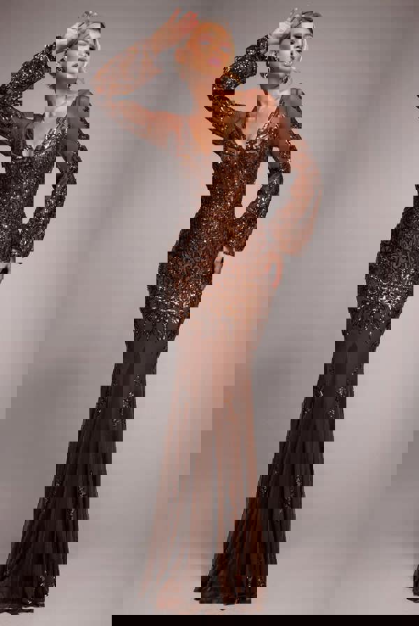 Embellished Sequin Bishop Sleeve Maxi Dress - Bronze DR4634