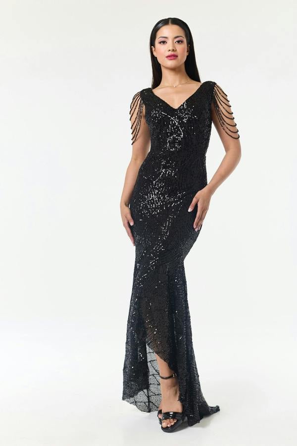 LuvForever Black Jewelled Hi-Lo Sequin Dress