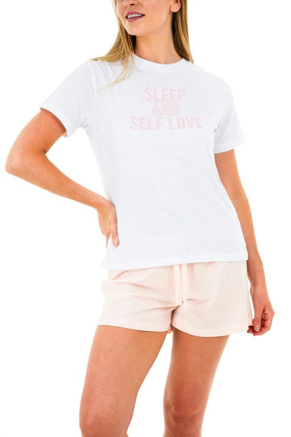 Women's White & Pink Slogan Tee and Shorts Pyjama Set