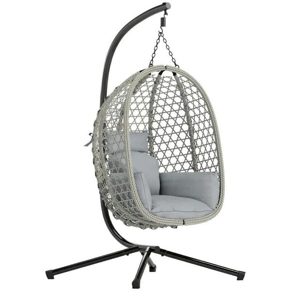 Hanging Egg Chair, Indoor Outdoor Rattan Hammock Swing Chair with Stand, Safety Strap, Foldable Basket, Light Grey