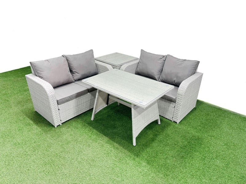 Fimous 4 Seat Outdoor Love Sofa Set Rattan Garden Furniture Set with Rectangular Dining Table Side Table Light Grey