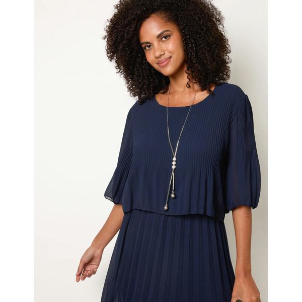 Blue Vanilla Pleated Short Sleeve Dress with Necklace