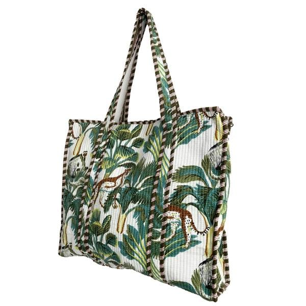 Hayley & Co Leopard Print Large Quilted Cotton Tote Shoulder Bag in White