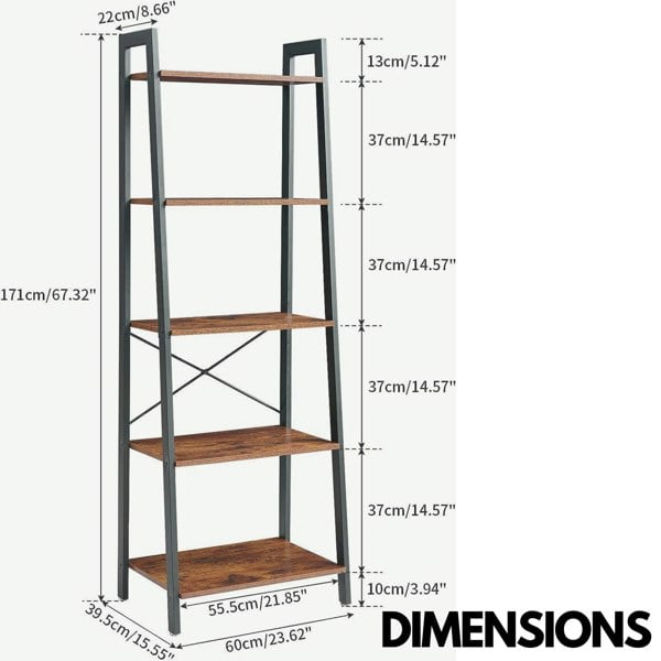 Rafaelo Mobilia 5 Tier Free Standing Ladder Shelf For Living Room Storage Rustic Brown