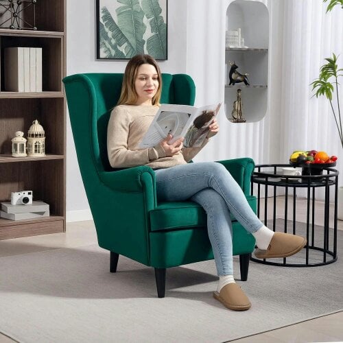 Bobobiy Modern Accent Chair, Velvet-Feel Fabric Reading Chair with Solid Wood Legs, Dark Green
