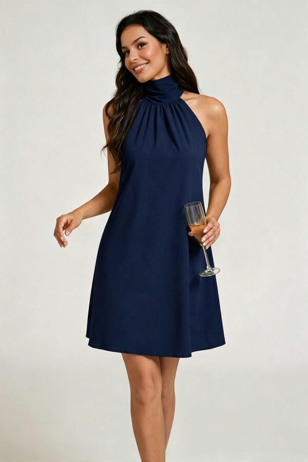 FS Collection Halter Neck Tie Back Mini Dress In Navy